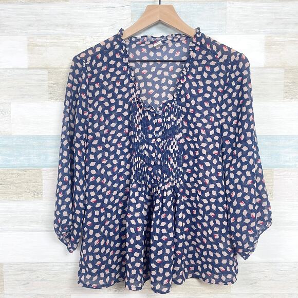 Old Navy Chiffon Pleated Blouse Blue Floral Sheer Office Work Womens Medium - Picture 1 of 6